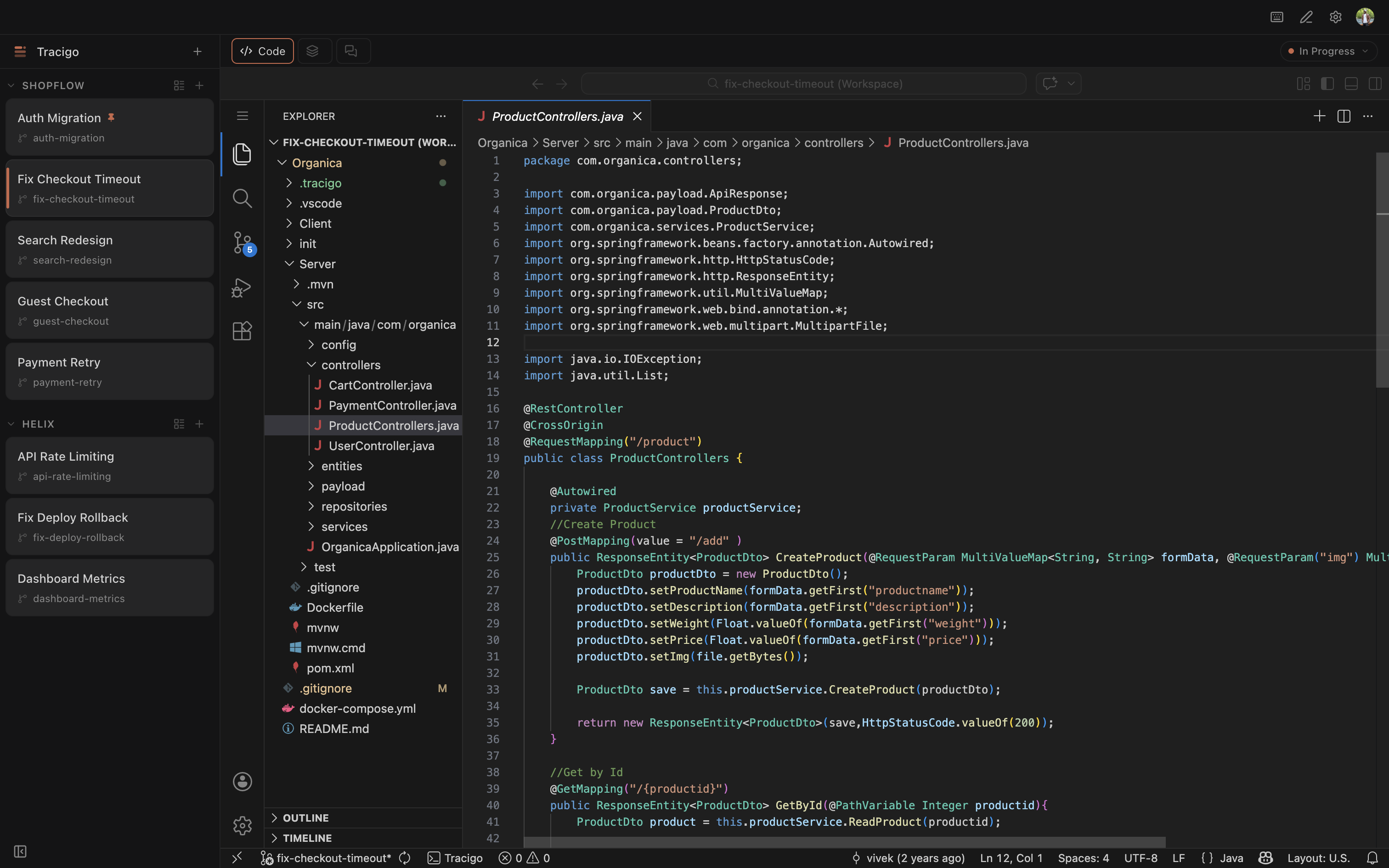 Sidebar with workspaces, VS Code editor, terminal