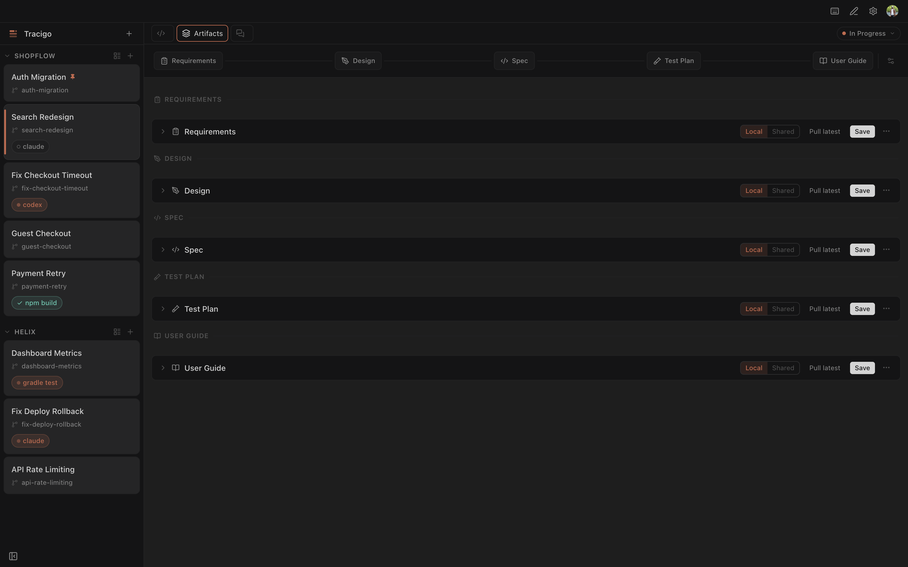 Artifacts tab — Requirements, Design, Spec