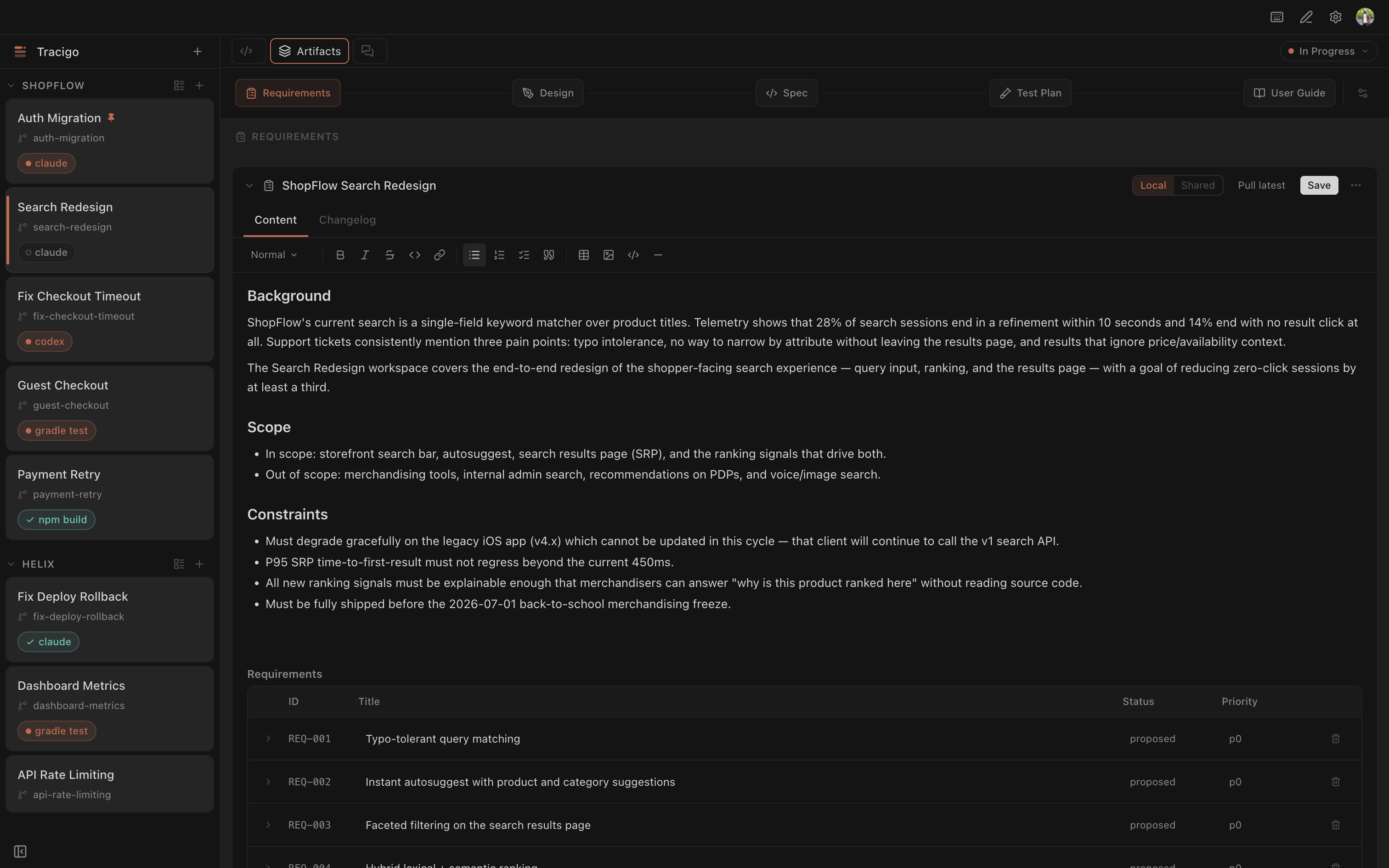 Expanded artifact with content and editing